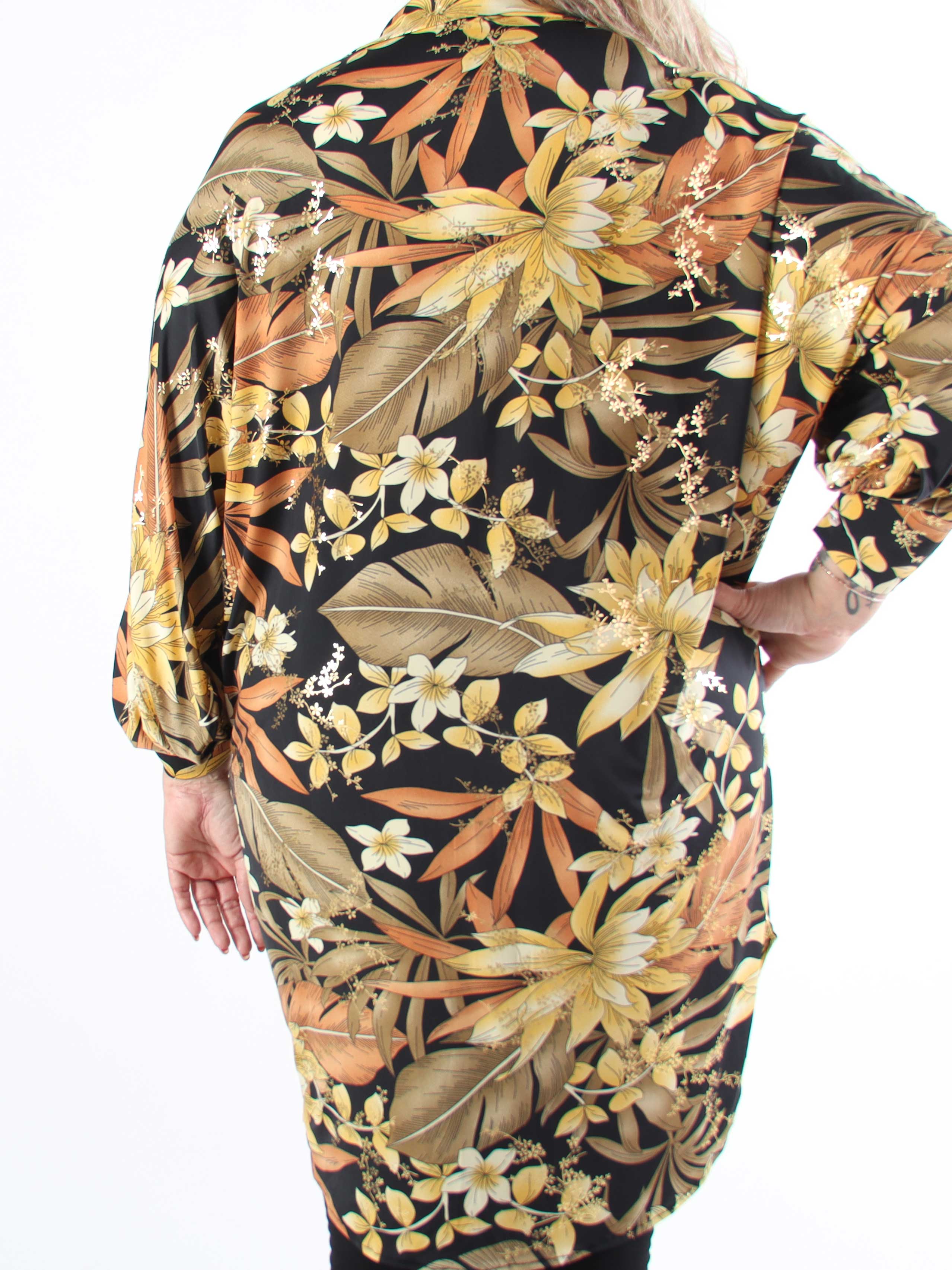 Mia Gold Flower - Skjortklänning i plusstorlek med resår och blommigt tryck